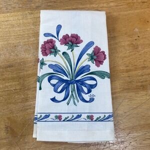 Vtg Lenox Floral Bouquet Blue Bow White Linen Hand Tea Towel 16x25